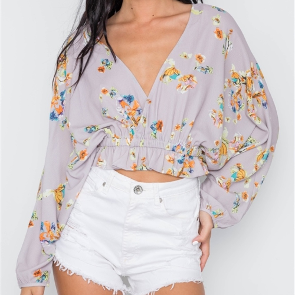 MAUVE BATWING FLORAL SURPLICE NECK TOP - Picture 1 of 4